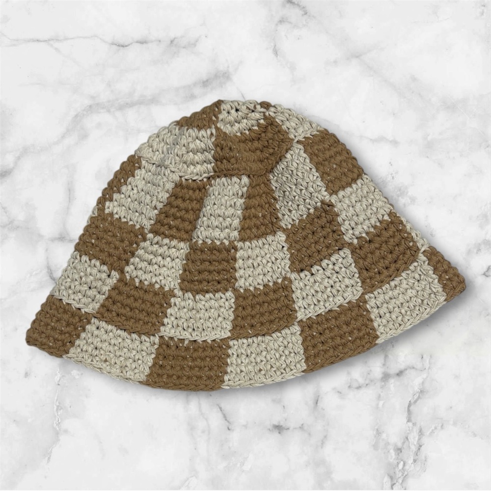 Beige tan Checkered plaid Crochet Bucket Hat 10” diameter